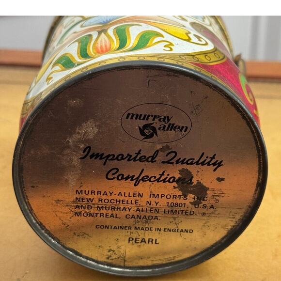 Vintage Murray Allen Floral Tin Candy Container – England – Handle Lid - Picture 2 of 4